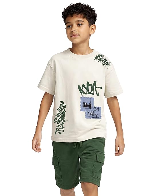 KYDA KIDS® Boys Premium Oversized 100% Cotton Printed T-Shirt & Cargo Shorts Set | Stylish Casual Co-Ord Outfit | Half Sleeve Top | Summer Wear 5Y–16Y